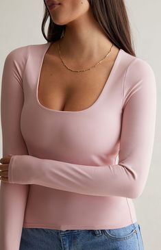 Breathe Scooped Out Fitted Long Sleeve Top Scoop Neckline Top, Pink Long Sleeve Shirt Outfit, Tight Fitted Shirt, Cute Long Sleeve Tops, Long Sleeve Shirt Outfits, Fitted Long Sleeve Top, Fitted Long Sleeve, Pink Long Sleeve Shirt, Fall Fits