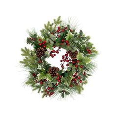 a christmas wreath with holly, berries and pine cones