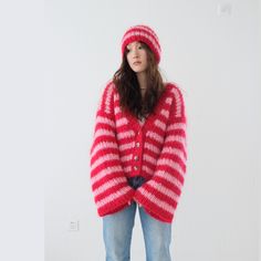 This is a knitted sweater by hand. Mohair sweaters will have a fuzzy feeling and very light. We can customize sizes，if customized, please tell me height and weight. *Since the fitting effect is based on the model(Height 163cm, Weight 50kg), and each person's body proportion is different, so you can ask to take photos before the sweater is shipped. Time:We will deliver the goods within 3 weeks after placing the order, and we will deliver the goods by Fedex, and it will arrive in the US within 3-5 Mohair Sweaters, Pullover Outfit, Body Proportions, Mohair Sweater, Jacket Women, Pink Stripes, Knitted Sweater, Stripe Sweater, Model Height