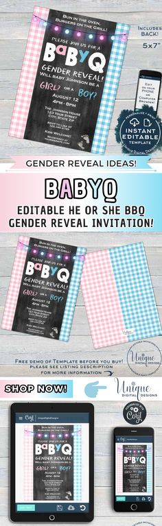 Congratulations on your new baby! What better way to discover your baby gender than with a Gender Reveal Party! This self editable BaByQ can be changed to say "honoring" the parent(s) or include "Diaper Party" or be a "BabyQ Shower" instead of a Gender Reveal. #uniquedigitaldesigns #instantaccess #editable #corjltemplate #virtualparty #babyshower #baby #parents #party #BabyshowerIdeas #invitation #BabyshowerParty #invitation #GenderRevealParty #GenderReveal #chalkboard #pink #blue Babyq Shower, Baby Q Shower, Diaper Party, Baby Q