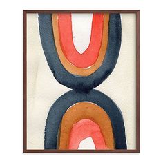 an abstract painting in white frame with red and blue circles on it's edges