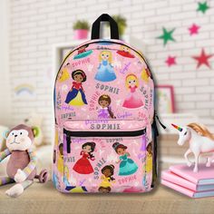 This personalized princess backpack and blanket are the perfect custom Christmas, birthday, or back to school gifts for a toddler girl. Customize with the child's name.  This is not a set. All items sold separately. Props in pictures are for styling purposes only and are not included with purchase. ABOUT OUR BACKPACKS * Strong and durable 100% polyester fabric retains its shape and dries quickly  * Lightweight and waterproof * Adjustable shoulder straps * Padded back and straps * Blank name tag sewn inside * Zipper closure * 4 compartments: ▸ Main zip pocket ▸ Front pocket ▸ Side bottle pocket ▸ Inside compartment for laptop or tablet * Dimensions: ▸ Length 11.81 inches ▸ Width 5.12 inches ▸ Height 18.11 inches BACKPACK CARE INSTRUCTIONS * Before cleaning the bag, remove all the items * Pr Princess Backpack, Toddler Girl Gifts, Adult Blanket, Home Finds, Custom Kids, Sewing Tags, School Gift, Soft Bristle Brush, Back To School Gifts