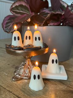 five candles with faces on them sitting in front of a potted plant and plate