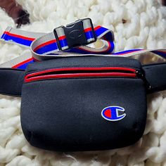 Champion Fanny Pack Shoulder Pack Crossbody Pack. Black Cloth Bag W/ Gray, Navy, Red, Adjustable Thick Strap High Quality. Neoprene-Like Black Fabric Bag. Lg. Hidden Zipper Pocket Inside. Id Lable. In New-Like Condition Never Used. Fabulous Christmas Gift For The College/School Student With A Few Extras Inside... Also Wonderful For That Busy Mom Who's At Sporting Events Or Biking With Her Children On The Go. Wonderful To Take Walking The Dog Or Hiking. Champion Crossbody Bag, Walking The Dog, Fabulous Christmas, College School, Cloth Bag, Fabric Bag, Busy Mom, Sport Event, Dog Walking