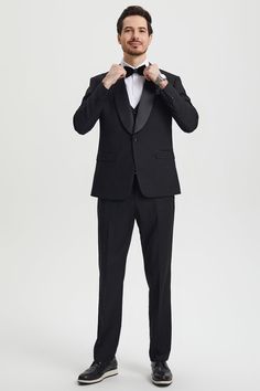 This one button tuxedo by Stacy Adams features a wide black satin shawl lapel, matching pants and vest. This comes in a hybrid fit (Sizes 34-44 = Slim Fit | Sizes 46+ = Modern Fit) Black Single Breasted Tuxedo For Party, Black Single-breasted Tuxedo For Party, Black Single-breasted Party Tuxedo, Black Single-button Tuxedo For Party, Black Single Button Tuxedo For Party, Black Single-button Suit For Party, Black Single Button Suit For Party, Semi-formal Three-piece Tuxedo With Lapel Collar, Tuxedo Suits With Single Button For Black-tie Events