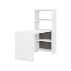 a white desk with two open shelves on each side