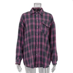 Stay warm and stay cool in this oversized plaid shirt. Made of cozy, comfortable fabric, it’s the perfect addition to your casual and weekend wardrobe. Its basic sporty style is sure to make you the envy of onlookers and street encounters. Gender: WOMENItem Type: Tops & Shirts, OvershirtsMaterial: 35% Cotton/65% Polyester FlannelCollar: Turn-down CollarClosure Type: Snap Buttons SIZE CHART Size (CM) Bust Shoulder Sleeve Length S 114 57 52.5 76.5 M 118 59 53 77.5 L 122 61 53.5 78.5 Size (Inch) Bu Checked Shirt Women, Oversized Plaid Shirts, Pink Plaid Shirt, Shirts And Blouses, Loose Shirt, Loose Shirts, Vintage Plaid, Spring Shirts, Shoes With Jeans