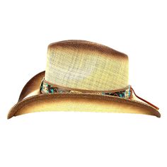 Tightly woven straw cowboy hat for sun protection. Distressed look created with stained crown and brim edge. Classic cowboy up curled brim, 3" wide. Faux leather band with brass color turquoise beaded concho. Wide elastic comfort sweatband. One size, best fit 57-59 cm. 100% straw Kentucky Derby Straw Hat With Curved Brim For Rodeo, Brimmed Toquilla Straw Hat For Western-themed Events, Fitted Brimmed Sun Hat For Western-themed Events, Straw Brimmed Western Hat, Western Hat With Curved Brim In Toquilla Straw, Western Style Straw Brimmed Hat, Brown Toquilla Straw Hat For The Ranch, Fitted Straw Hats For Rodeo, Brown Toquilla Straw Hat For Ranch