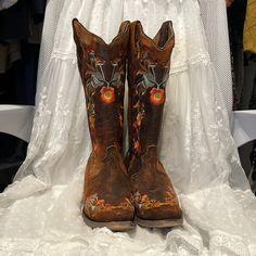 New! Never Worn! Beautiful Cowboy Boots. Spring Embroidered Boots For Rodeo, Western Boots With Floral Print For Fall, Bohemian Round Toe Boots With Floral Print, Bohemian Floral Print Round Toe Boots, Fall Rodeo Embroidered Boots, Brown Embroidered Western Boots, Fall Floral Embroidered Snip Toe Boots, Fall Floral Embroidery Snip Toe Boots, Western Embroidered Boots For Rodeo