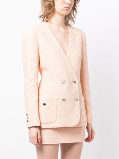 Farfetch Alessandra Rich, Designer Tailored Tweed Jacket For Spring, Designer Long Sleeve Pink Blazer, Pink Single-breasted Tweed Jacket, Luxury Spring Tweed Jacket With Button Closure, Formal Pink Tweed Blazer, Luxury Long Sleeve Tweed Jacket For Spring, Spring Formal Tweed Jacket With Double-breasted Button, Elegant Pink Long Sleeve Tweed Jacket