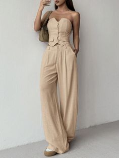 2pcs Women's Summer Solid Color Single-Breasted Tube Top And Pockets Pants Casual Suit Khaki Casual    Plain  Non-Stretch  Women Clothing, size features are:Bust: ,Length: ,Sleeve Length: Neutral Cocktail Attire, Beige Clothes, Tube Top And Shorts, Wide Leg Pant Suit, Pockets Pants, Elegante Casual, Cocktail Attire, Sleeveless Cardigan, Pants Suit