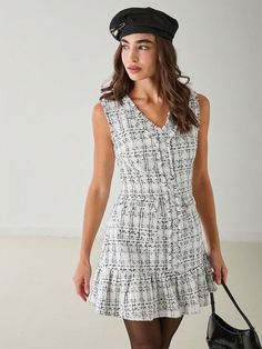 Black and White Elegant Collar Sleeveless Woven Fabric Plaid,Textured Pattern A Line Embellished Non-Stretch  Women Clothing Elegant Dresses Short, Romantic Woman, Preppy Dresses, Dress Autumn, Estilo Punk, Tweed Dress, Elegant Dresses Long, Dress For Short Women, Winter Dresses