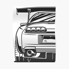 a black and white drawing of a sports car