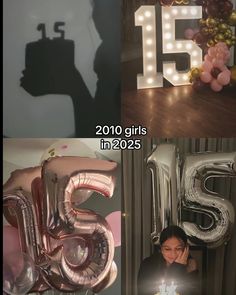 two photos with balloons and the number fifteen