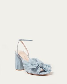 Shop the Camellia blue bow heel at Loefflerrandall.com Blue Wedding Shoes, Mid Heel Sandals, Bow Heels, Blue Heels, Loeffler Randall, Blue Bow, Leather Pieces, Sport Sandals, Blue Wedding