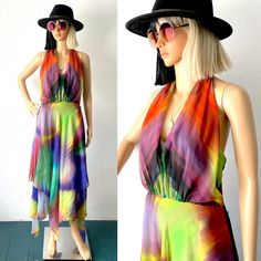 Vintage Halter Dress | Handkerchief Dress | Rainbow Dress | Colorful Dress | Cocktail Dress | Party Dress | Festival Dress | Unique Dress 8 by RELLICKRoadVintage on Etsy Low Cut Halter Top, Vintage Halter Dress, Gathered Bodice, Rainbow Ombre, Handkerchief Dress, Colorful Dress, Dress Unique, Unique Dress, Watercolor Rainbow