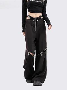 Harajuku Cut Out Pants | CYBER TECHWEAR® Punk Style Wide Leg Bottoms For Concerts, Punk Style Baggy Pants For Concerts, Edgy Baggy Bottoms For Concert, Edgy Cosplay Pants With Pockets, Trendy Black Pants For Cosplay, Edgy Bottoms With Pockets For Cosplay, Punk Wide Leg Bottoms For Cosplay, Trendy Pants For Spring Concerts, Wide Leg Pants For Fall Concert