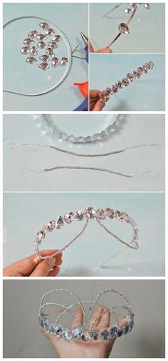 the steps to make a beaded headband with beads and chains, including scissors