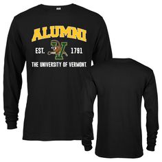 University of Vermont Alumni Script Text Long Sleeve T-Shirt Cheer on your Alma Mater, the Vermont Catamounts with this Alumni T-shirt! No matter where you go after you graduate, you can wear this simple yet stylish Vermont Catamounts Alumni shirt with pride! Officially Licensed Product High quality classic arch front print Alumni t-shirt High quality printed graphics featuring the University of Vermont Wordmark 100% Pre-Shrunk Cotton Rib-knit collar Crew Neck T-shirt With University Logo For Fall, Black Fall T-shirt For College, Long Sleeve Cotton T-shirt With University Logo, University Logo Crew Neck T-shirt For Fall, Fall Campus T-shirt With Text Print, Pre-shrunk Long Sleeve College T-shirt, Text Print T-shirt For Campus Fall Season, Text Print T-shirt For Campus In Fall, Crew Neck Tops For College Events In Fall