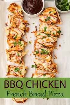 bbq chicken french bread pizza is cut into slices