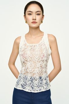 With a bodycon fit and round neck, this top is both flattering and comfortable to wear. The delicate lace detailing adds a touch of elegance, making it perfect for both casual and formal occasions. Types Of Lace, Mean Blvd, Spandex Top, Denim Blazer, Cream Beige, Neck Lace, Designer Collection, Lace Fabric, Chiffon Tops