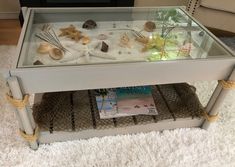 Shadowbox Dockside Coffee Table | Dock of the Bay Design Shadow Box Coffee Table, Coffee Table Display, Coastal Coffee Table, Seashell Collection, Curio Display, Beach Theme Living Room, Shells And Sand, Display Coffee Table, Style Coffee Table