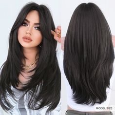 Dark Brown Long Black Layered Perücken für Frauen mit mittigem Teil, geschichtete gerade synthetische Perücke mit Vorhangpony für Party und täglichen Gebrauch, 24 Zoll ️ Heben Sie Ihren Look mit dieser anspruchsvollen dunkelbraunen langen geschichteten Perücke für Frauen hervor! Mit einem eleganten mittigen Teil und geschichteter gerader Frisur ist diese synthetische Perücke mit Vorhangpony perfekt für Partys und den täglichen Gebrauch. 🌟 Präzise gefertigt, bietet diese Perücke eine natürliche Med Layers With Curtain Bangs, Long Layer Haircut Curtain Bangs, Hair That Covers Forehead, Haïr Cut For Women Long Hair, Heavy Layers Medium Hair Straight, Hairstyle Dark Hair, Long Haircut Dark Hair, Long Straight Hair Curtain Bangs, Curtain Bangs Long Thick Hair