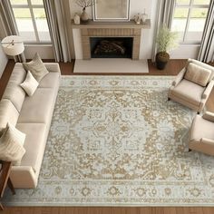 a living room filled with furniture and a rug on top of a hard wood floor