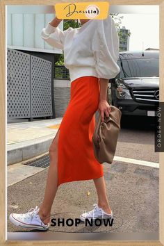 Orange Knitted Skirts Women Elastic Waist Split Pencil Skirt Korean Casual Bodycorn Long Midi Skirt Sweet Vintage Elegant Casual Orange Pencil Skirt, Chic Stretch Orange Skirt, Trendy Orange Skirt For Fall, Casual High Waist Orange Skirt, White Pencil Skirt For Fall, Chic Knee-length Orange Skirt, Chic Orange Knee-length Skirt, Chic Orange Pencil Skirt, Knitted Skirts