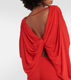 Floral Applique Draped Jersey Top in Red - Giuseppe Di Morabito | Mytheresa Chic Draped Elastane Tops, Ruched Draped Top In Elastane, Ruched Draped Elastane Top, Draped Evening Tops, Draped Elastane Tops For Night Out, Pre-draped Tops For Summer Evenings, Draped Evening Tops For Summer, Draped Tops For Party Occasion, Draped Tops For Summer Evenings