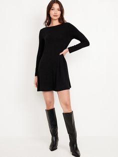 Long-Sleeve Mini Swing Dress | Old Navy Christmas Dress Modest, Black Dress And Boots, Dress With Black Boots, Closet Inventory, Brown Knee High Boots, Perfect Dresses, Flannel Dress, Black Dress With Sleeves, Hodge Podge