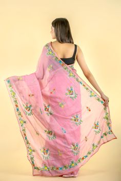 "Pink Hand Embroidered Lambani work Saree with blouse | Tusshar Silk Saree | Hand Work | Party Wear Silk Saree  Wedding wear saree, party wear saree, lambani work silk saree, hand embroidered saree, hand work saree. This is authentic hand embroidered lambani work Saree. The unique threadlambani embroidery design is entirely handcrafted by our skilled artisans. The most significant aspect of hand embroidery is the beautiful flower motif pattern. The running blouse piece is included with this prem Multicolor Cotton Silk Pre-draped Saree With Zari Work, Festive Multicolor Chanderi Pre-draped Saree, Traditional Pink Pre-draped Saree With Floral Embroidery, Multicolor Chanderi Pre-draped Saree With Zari Work, Traditional Multicolor Pre-draped Chanderi Saree, Multicolor Pre-draped Saree With Floral Embroidery For Festivals, Fitted Multicolor Dola Silk Pre-draped Saree, Festive Pink Pre-draped Saree With Floral Embroidery, Bollywood Cotton Pre-draped Saree For Wedding