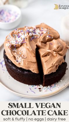 a small vegan chocolate cake on a white plate with the words, small vegan chocolate cake soft & fluffy no egg dairy free