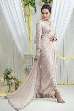 Armelle | Pakistani Designer Outfit | Sarosh Salman Elegant Resham Embroidered Georgette Pre-draped Saree, Elegant Designer Pre-draped Saree With Resham Embroidery, Elegant Georgette Pre-draped Saree With Zari Work, Hand Embellished Georgette Blouse For Wedding, Hand Embellished Blouse Piece For Party Wear, Party Wear Hand Embellished Blouse For Festive Season, Festive Hand Embellished Party Wear Blouse Piece, Festive Hand Embellished Party Wear Blouse, Hand Embellished Georgette Pre-draped Saree