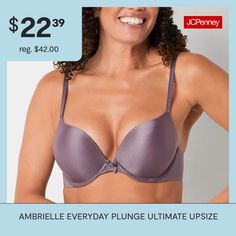 Ambrielle's Everyday plunge bra has molded, underwired cups padded to enhance your bust two cup sizes- for an ultimate push-up design. Made from a smooth, breathable fabric, it's tag-free with adjustable shoulder straps and back hook closures.Bra Type: Push UpFeatures: Adjustable Straps, Breathable, Padded, Tag Free, Stretch FabricClosure Type: Back ClosureSupport: Medium SupportFiber Content: 78% Nylon, 22% SpandexFabric Description: MicrofiberLining Material: PolyesterCare: Machine Wash, Line… Cup Sizes, Plunge Bra, Full Figured, Push Up Bra, Shoulder Straps, Push Up, Breathable Fabric, Adjustable Straps, Bra