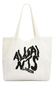 A graffiti riff on the brand's logo stamps this spacious tote—made from lightweight yet sturdy cotton canvas—with street-smart edge. Open top Shoulder straps Textile Imported Street Smart, Logo Stamp, All Saints, Canvas Tote, Logo Branding, Cotton Canvas, Nordstrom, ? Logo, Canvas