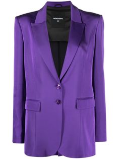 electric purple peak lapels front button fastening two front flap pockets long sleeves straight hem American rear vent Purple Single Breasted Blazer With Lapel Collar, Elegant Purple Blazer With Button Closure, Elegant Purple Blazer With Pockets, Tailored Purple Blazer With Single Button, Tailored Purple Single Button Blazer, Tailored Single-button Purple Blazer, Tailored Single Button Purple Blazer, Purple Lapel Collar Blazer For Office, Purple Office Blazer With Lapel Collar