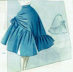 a blue dress with ruffles on the bottom and side, as well as a skirt