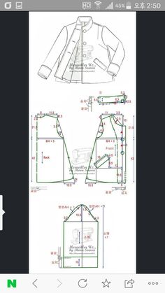 an image of a jacket with measurements on the front and back, as well as instructions for