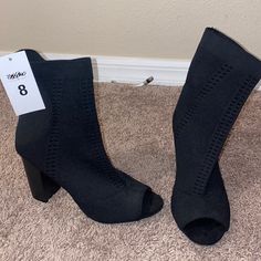 Stretchy Elastic Sock Like Bootie With Peep Hole For The Toe. Never Warn Very Comfortable. Comfortable Ankle-high Black Boots, Comfortable Black Ankle-high Boots, Casual Black Heels With Medium Width, Casual High Ankle Summer Heels, Casual High Ankle Heels For Summer, Trendy Black Summer Boots, Comfortable Black Round Toe Heels, Comfortable Black Heels With Round Toe, Casual Heels With Medium Width And High Ankle