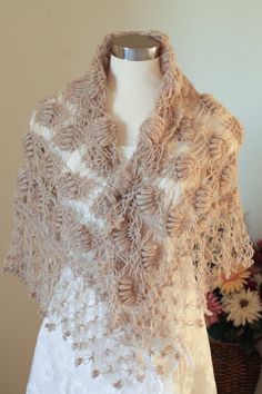 Bridal Bolero, Winter Wedding Shawl, Gray Shawl, Crochet Shawl, Bridal Cover up, Bridal Wrap, Bridal Shrug, Bridal Shawl, Evening Shawl Crochet custom shawls for your wedding and many occasion Color shown on the picture # 15 MOCHA and #17 Taupe Shape, triangular Made to order Please allow me 2 to 5 days to make it. it depends on my work load. Are you in a hurry, please contact with me, if i am able to speed up your order, i can send it next day. Measurement height---- 30 inch,76 cm width ---- 68 Lace Shawl Scarves For Wedding, Lace Wedding Scarf Shawl, Lace Shawl Scarf For Weddings, Lace Wedding Shawl Scarf, Lace Shawl For Weddings, Elegant Handmade Scarves For Weddings, Elegant Lace Shawl Scarf, Cream Pashmina Shawl For Wedding, Bohemian Shawl Scarves For Wedding