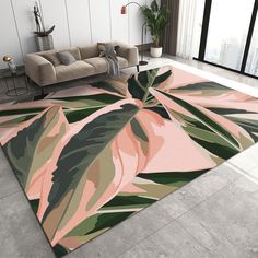 a living room with a large rug on the floor