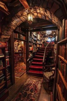 the stairs are lined with books and carpet