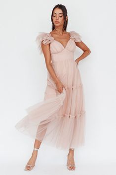 Amal Ruffle Shoulder Tulle Midi Dress Nude Tulle Midi Dress, Semi Formal Dress, Free Flowing, Clothing Tags, Tulle Fabric, Future Life, Nude Color, Chiffon Dress, Semi Formal