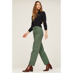 Green plaid denim (100% Cotton). Jeans. Front button closure. 29" inseam. 11" rise. Imported. Trendy Plaid Jeans For Fall, Plaid Straight Leg Jeans For Fall, Casual Plaid Bottoms For Workwear, Classic Plaid Cotton Bottoms, Gingham Cotton Pants For Fall, Cotton Gingham Pants For Fall, Fall Gingham Cotton Pants, Casual Plaid Bottoms With Button Closure, Casual Houndstooth Pattern Bottoms For Winter