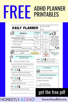 A picture of a printable ADHD planner daily sheet with the text "FREE adhd planner printables" and "get the free pdf" and "Honestly ADHD, honestlyadhd.com." Time Management Template Free Printable, Adha Planner, Mindful Planner, Time Block Planner Free Printable, Daily Brain Dump, How To Brain Dump, Add Planner, Daily Work Planner Free Printable, Neurodivergent Planner Free