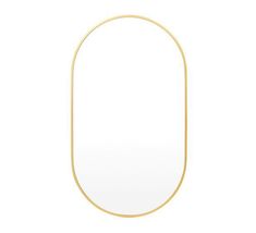 an oval shaped mirror with a gold frame on a white background, viewed from the front