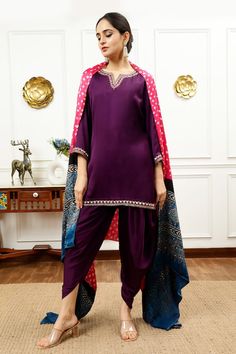 Purple kurta with mirror, resham and bead embroidered border. Comes with dhoti pant. - Aza Fashions Kurta With Dhoti, Pant Women, Dhoti Pants, Pant For Women, Embroidered Border, Straight Kurta, Purple Silk, Fashion App, Aza Fashion