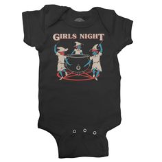 This cute goth witch infant bodysuit is perfect for fans of Halloween and the occult. Our supernatural illustration depicts a coven of little witches casting spells and performing rituals over a pentagram and cauldron. Show off this infant bodysuit at your next witchcraft night or horror movie marathon.Bodysuit Info: pre-shrunk, baby soft, combed ringspun cotton hand printed in the USA with eco-friendly water-based inks Reinforced three-snap closure Our soft ringspun cotton infant bodysuits feat Emo Baby Clothes, Supernatural Illustration, Goth Baby Clothes, Horror Movie Marathon, Dark Nursery, Punk Baby, Night Witches, Gothic Baby, Casting Spells