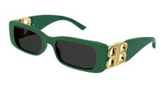 Brand new Balenciaga BB0096S 006 Sunglasses. Available in a green frame with dark grey lenses. Gold hardware. Unisex, for men or women. Made in Italy. Come in a logo-embossed hard case with cleaning cloth. Cristobal Balenciaga, Balenciaga Sunglasses, Cristóbal Balenciaga, Green Sunglasses, Sunglasses Logo, Grey Sunglasses, Rectangle Sunglasses, Sneaker Wedge, Eyewear Fashion